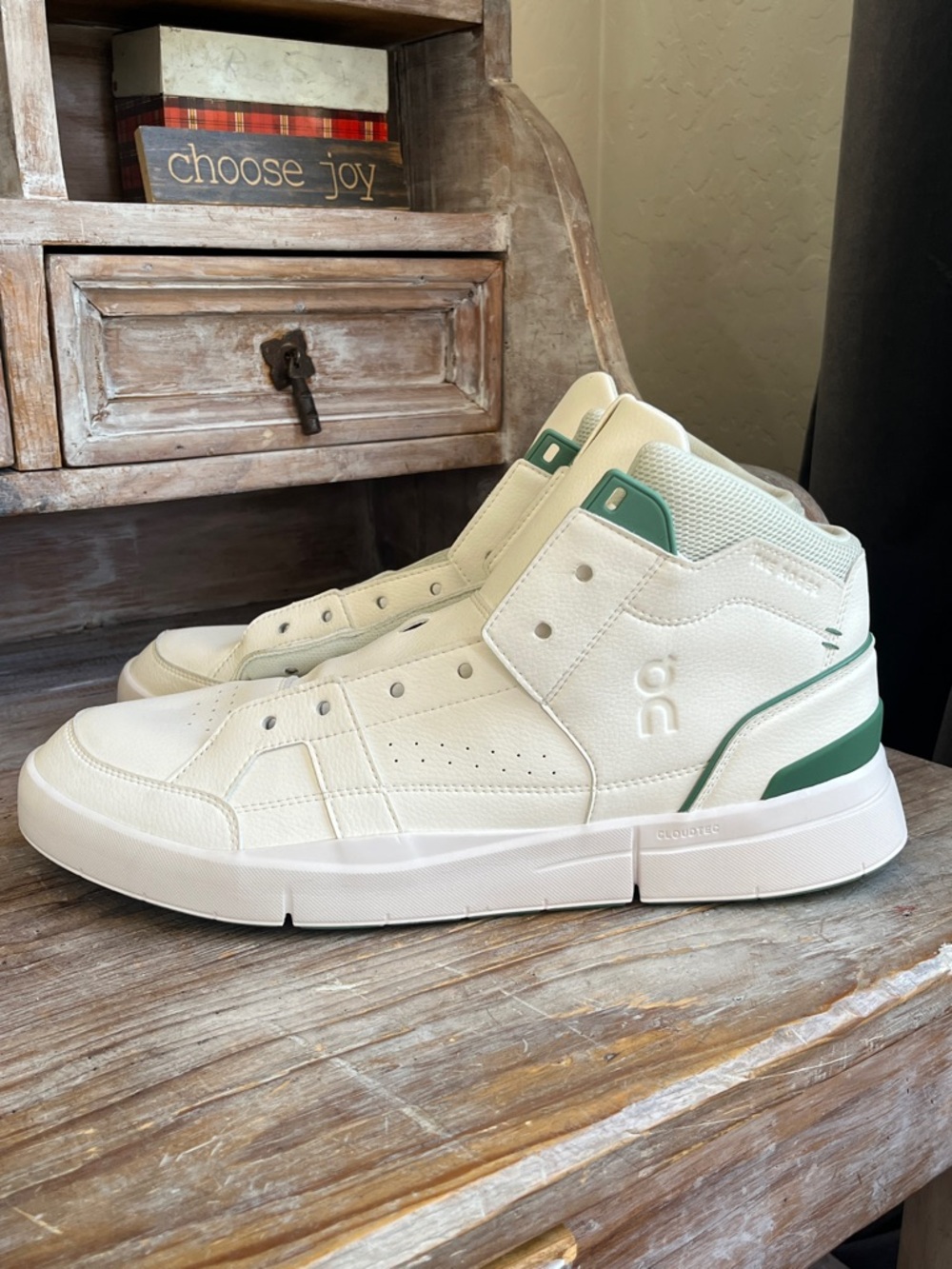 On Running Cream High-Top Sneakers with Green Accents